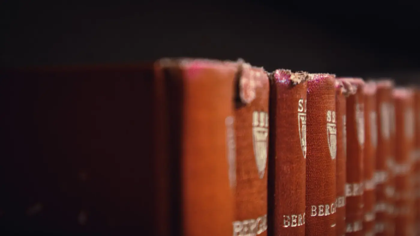 Ряд старых книг в красных кожаных переплётах в тени